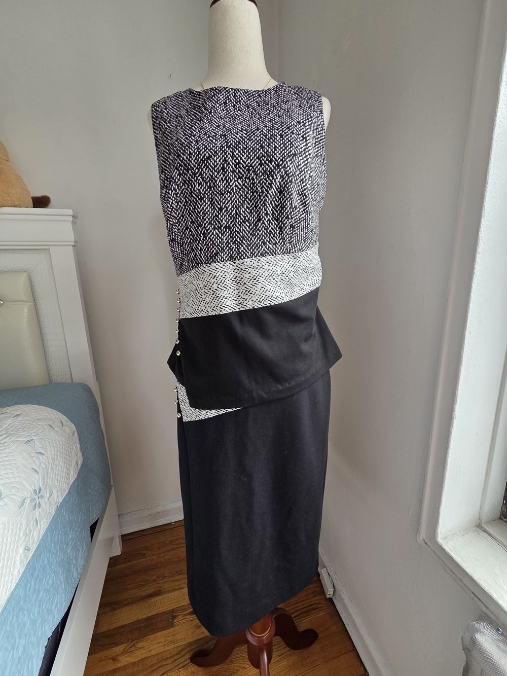Calvin Klein Black & White Tweed-Trim Midi Skirt